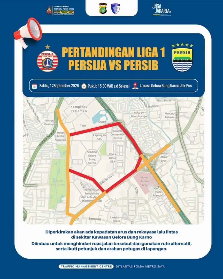 Jelang Persija–Persib, Polda Metro Jaya Siapkan Rekayasa Lalin dan Kantong Parkir di GBK