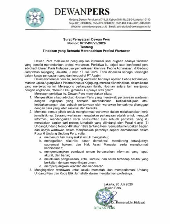 Dewan Pers Terbitkan Pernyataan Resmi, Sesalkan Ucapan yang Dinilai Merendahkan Wartawan