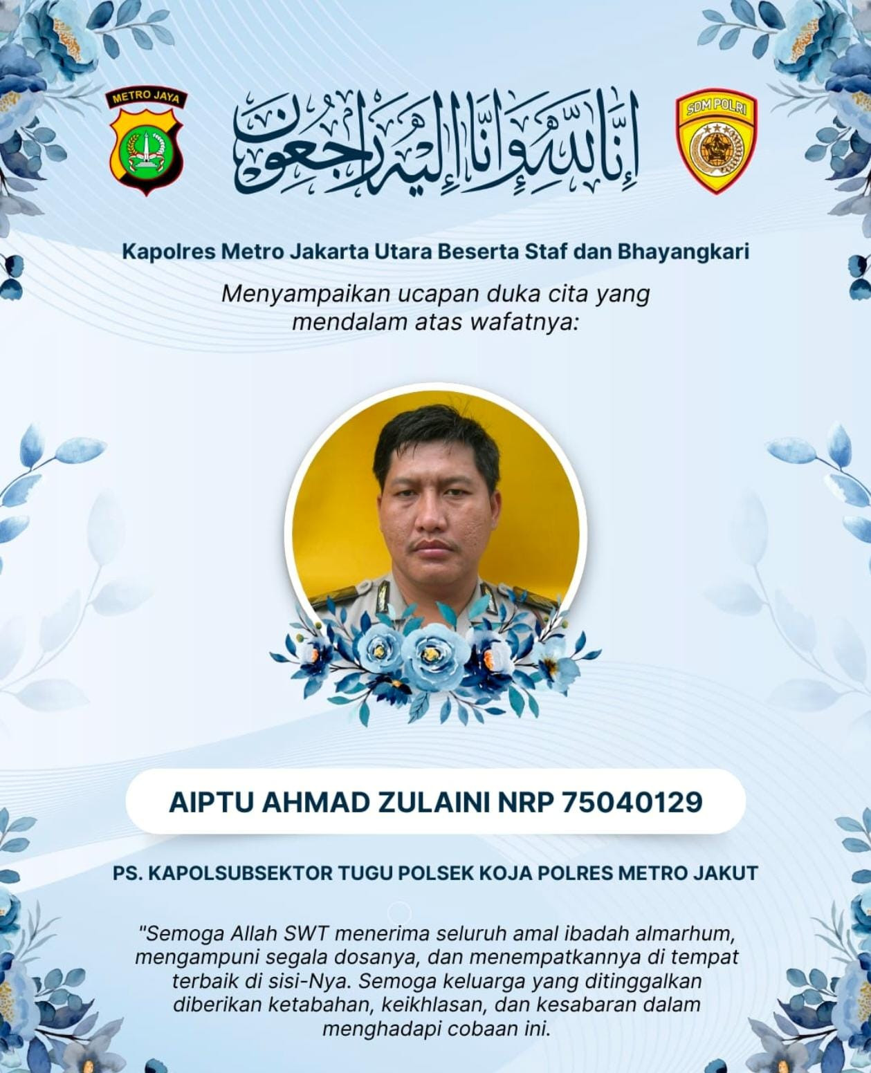AIPTU Ahmad Zulaini Wafat, Polsek Koja Kehilangan Sosok Berdedikasi