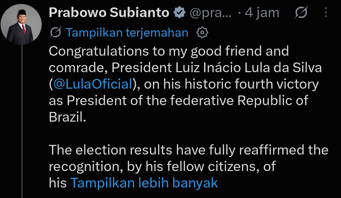 Prabowo Ucapkan Selamat atas Kemenangan Lula di Pilpres Brasil, Dorong Penguatan Hubungan Kedua Negara